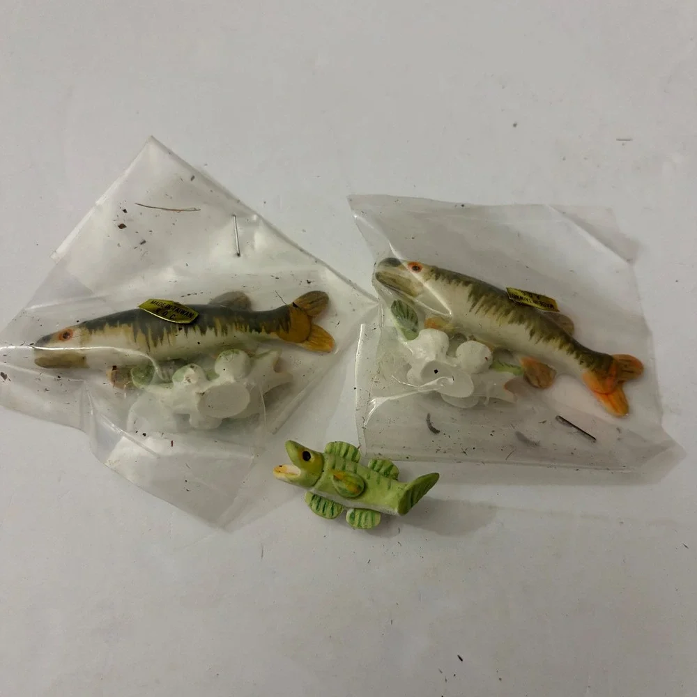 Vintage Miniature Ceramic Fish Figurine Lot Taiwan Muskie Pike Bass 3pc New